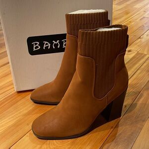 Bamboo deep camel faux suede knit sweater top/sides stacked heel boots. New.